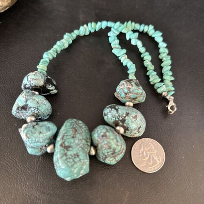 Navajo Blue Turquoise Nugget Necklace | Sterling Silver | Authentic Native American Handmade | 20" | 14419