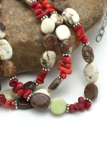 Navajo Sterling Silver Wild Horse Turquoise Coral Necklace | 3-Strand | Authentic Native American Handmade | 3097