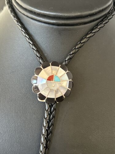 Men's Bolo Tie | Zuni Sunface Mother of Pearl Coral Turquoise Inlay | Sterling Silver | 14754