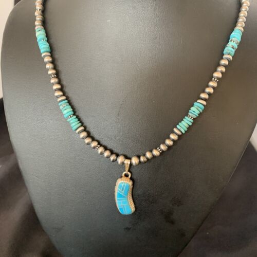 Navajo Pearls Turquoise Necklace with Inlay Pendant | Sterling Silver | 21" | Authentic Native American Handmade | 12579