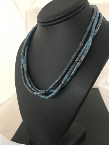 Native American Denim Lapis 3 Strand Necklace | Navajo Sterling Silver | 8472