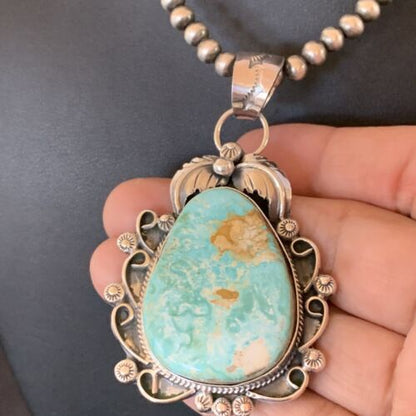 Women's Navajo Pearls Necklace with Green Royston Turquoise Pendant | Sterling Silver | 12291