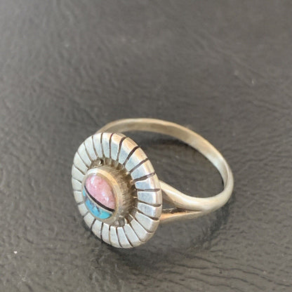 Navajo Blue Turquoise Pink Coral Inlay Ring | Sz 7 | Authentic Native American Handmade | 11169