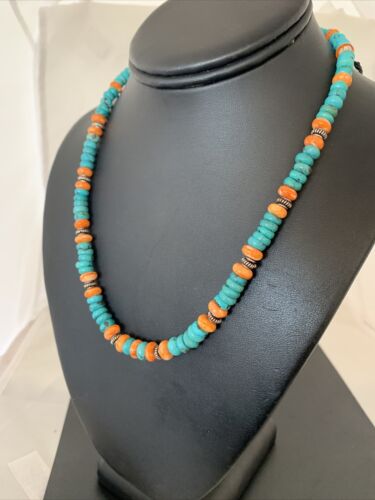 Navajo Blue Turquoise & Spiny Oyster Necklace | Sterling Silver | Authentic Native American Handmade | 18" | 1676