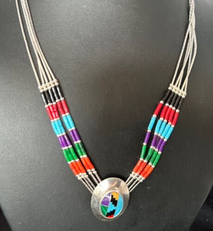 Multi-Color Liquid Silver Heishi 5-Strand Necklace | Sterling Silver Pendant | 14825