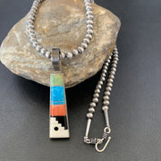 Navajo Old Pawn Mother of Pearl Turquoise Spiny Inlay Pendant Necklace | Sterling Silver | 10698