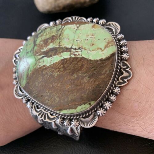 Native American Men's Navajo Bracelet | Sterling Silver Green Gaspeite | Authentic Handmade | 2046