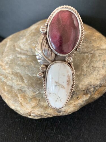 Navajo White Buffalo Turquoise & Spiny Oyster Multi-Stone Ring | Authentic Native American Sterling Silver | Sz 9 | 308