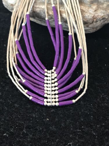 Native American Sugilite Heishi Tubes Necklace | 10 Strand Liquid Sterling Silver | 8558