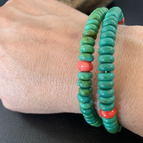 Navajo Coral Green Turquoise Bracelet | Stainless Steel Memory Wire | Authentic Native American Handmade | 13313