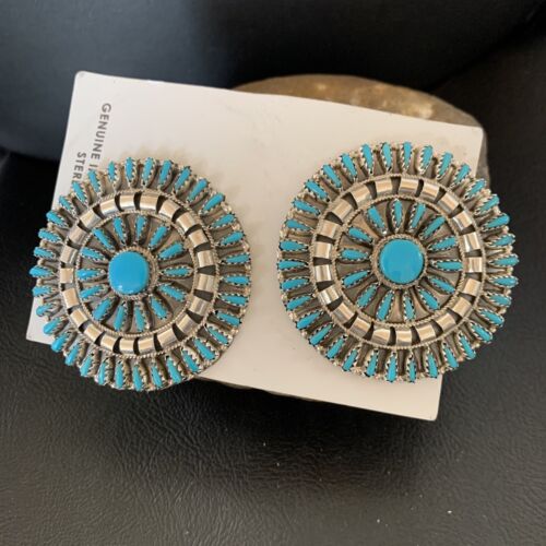 US Zuni Handmade Kingman Turquoise Needle Pt Sterling Dangle Earrings 12124