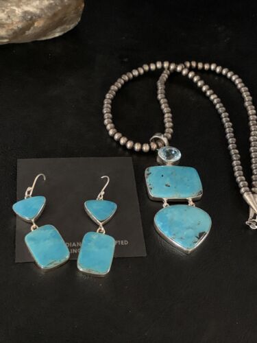 Navajo Blue Topaz Turquoise Necklace Earrings Set | Sterling Silver | 3" Pendant | Authentic Native American Handmade | 14098