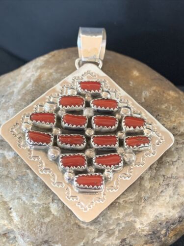 Navajo Red Coral and Multi-Stone Cluster Pendant | Authentic Native American Sterling Silver | 2" | 2101