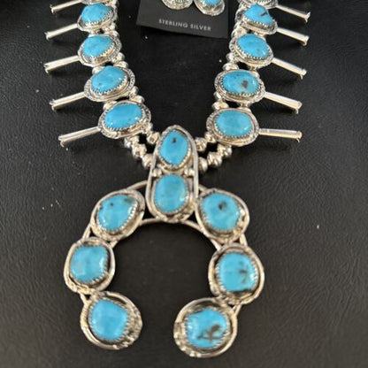 Kingman Turquoise Squash Blossom Necklace | Navajo Sterling Silver Naja | Authentic Native American | 14456