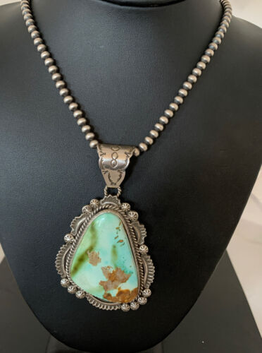 Navajo Green Royston Turquoise Pendant Necklace | Sterling Silver | Authentic Native American Handmade | 1935