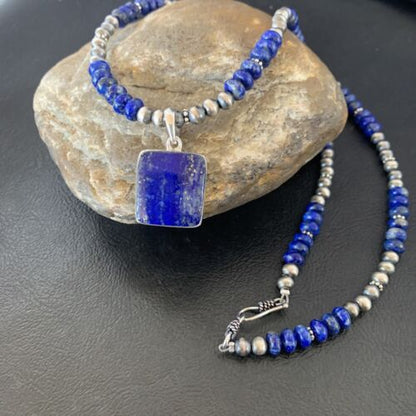 Native American Navajo Blue Lapis Pendant Necklace | Sterling Silver | Authentic Handmade | 11671 - Masha USA