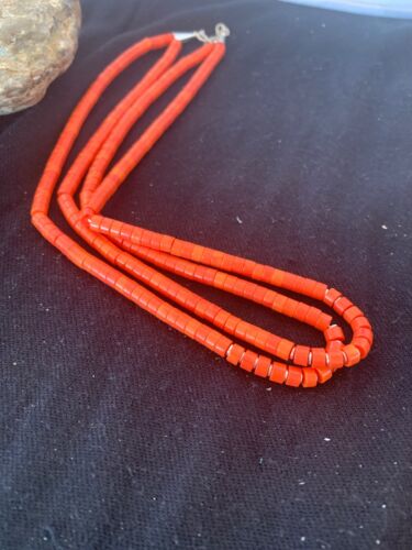 Navajo Apple Coral Tube Heishi Bead Necklace | 2 Strand | Sterling Silver | Authentic Native American Handmade | 4700