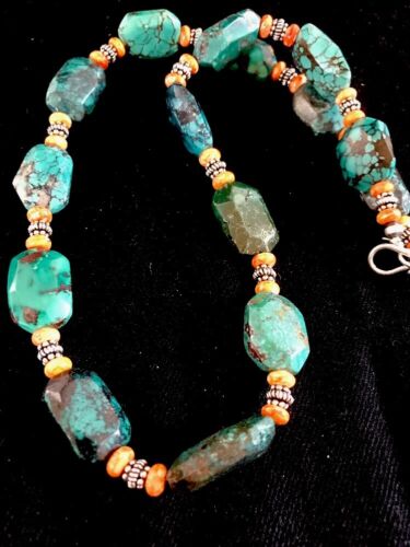 Navajo Green Turquoise Spiny Oyster Bead Necklace | Sterling Silver | Southwestern Handmade | 22" | 3221