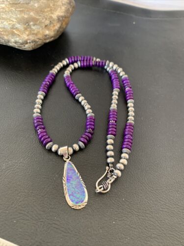 Navajo Purple Sugilite Necklace with Faux Opal Pendant | Sterling Silver | Authentic Native American Handmade | 01918