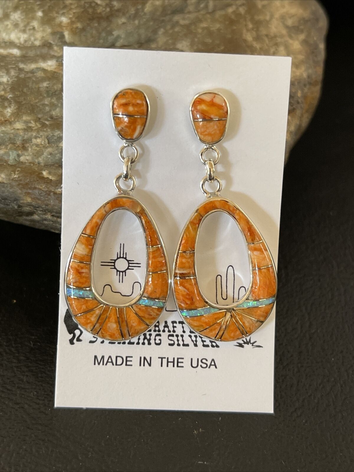 Navajo Sterling Silver Opal Orange Spiny Oyster Inlay Dangle Earrings | Authentic Native American Handmade | 1545 - Masha USA