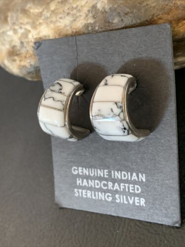 Navajo White Buffalo Turquoise Inlay Earrings | Sterling Silver | 0.5" | Authentic Native American Handmade | 12996
