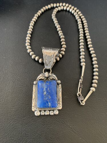 Navajo Denim Lapis Necklace with Pendant | Sterling Silver Pearls | Authentic Native American Handmade | 12440