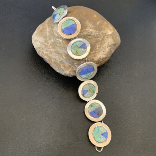Navajo Opal Turquoise Blue Lapis Inlay Link Bracelet | Sterling Silver | 8" | Authentic Native American Handmade | 12654