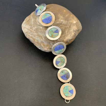 Navajo Opal Turquoise Blue Lapis Inlay Link Bracelet | Sterling Silver | 8" | Authentic Native American Handmade | 12654
