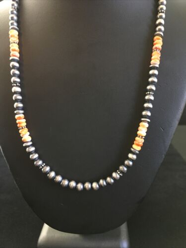 Authentic Navajo Sterling Silver Orange Spiny Oyster Necklace | 21" | Single Strand | Native American Jewelry | 1767