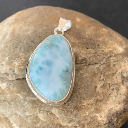 Navajo Sterling Silver Beads Necklace | Blue Larimar Pendant | Authentic Native American Handmade | 10675