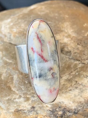 Navajo Men's White Black Cinnabrite Ring | Sterling Silver | Sz 7.5 | Authentic Native American Handmade | 1554