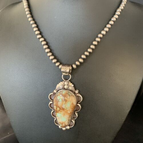 Men's Navajo Green Boulder Turquoise Pendant Necklace | Sterling Silver | Authentic Native American Handmade | 13661