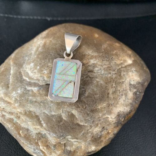 Navajo Sterling Silver White Pink Faux Opal Inlay Pendant | 1.5" | Authentic Native American Handmade | 13555