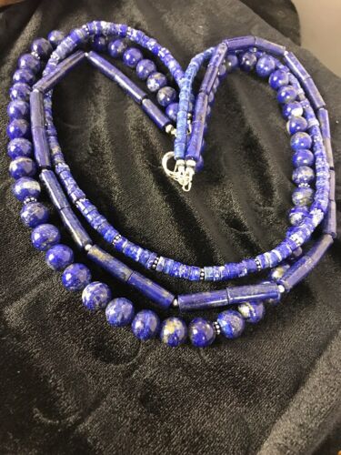 Navajo Denim Lapis 3 Strand Necklace | Sterling Silver | 22" | Authentic Native American Handmade | 3666