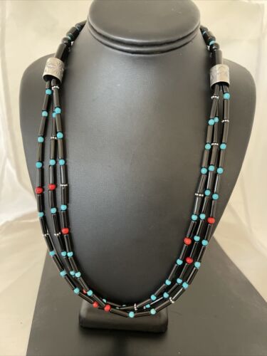 Navajo Black Onyx Coral Turquoise Bead Necklace | 3-Strand Sterling Silver | 24" | 1230
