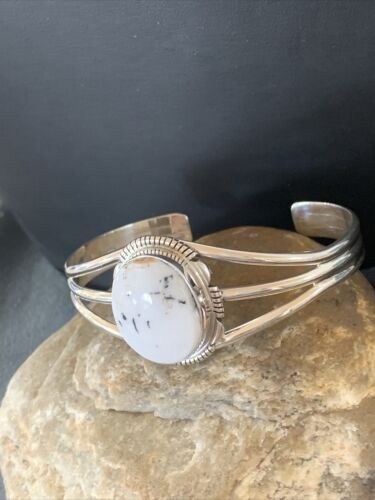 Navajo White Buffalo Turquoise Cuff Bracelet | Sterling Silver | Authentic Native American Handmade | 1388