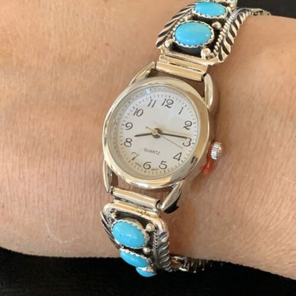 Navajo Sterling Silver Watch Tips | Blue Kingman Turquoise Band | Authentic Native American Jewelry | 11640
