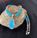 Navajo Blue Turquoise Necklace with Opal Pendant | Sterling Silver | Authentic Native American Handmade | 566