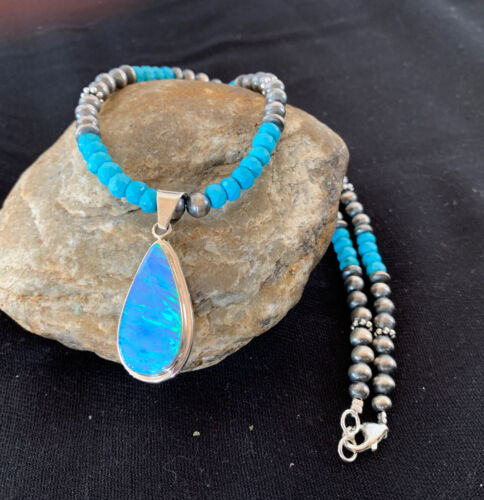 Navajo Blue Turquoise Necklace with Opal Pendant | Sterling Silver | Authentic Native American Handmade | 566