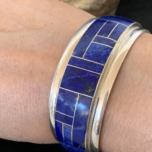 Native American Men's Navajo Blue Lapis Inlay Cuff Bracelet | Sterling Silver | 12233