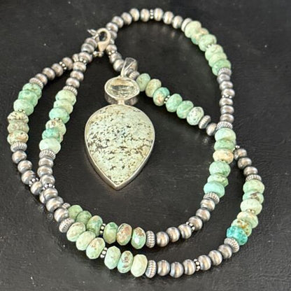 Navajo Sea Green Turquoise Pendant Necklace | Sterling Silver | 21" | Authentic Native American Handmade | 14475