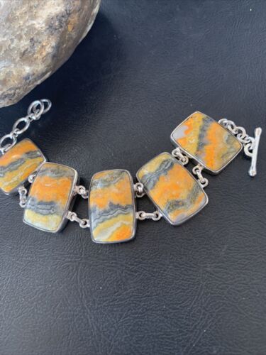 Navajo Bumblebee Jasper 5-Stone Link Bracelet | Sterling Silver | 7.5" | Authentic Native American Handmade | 11654
