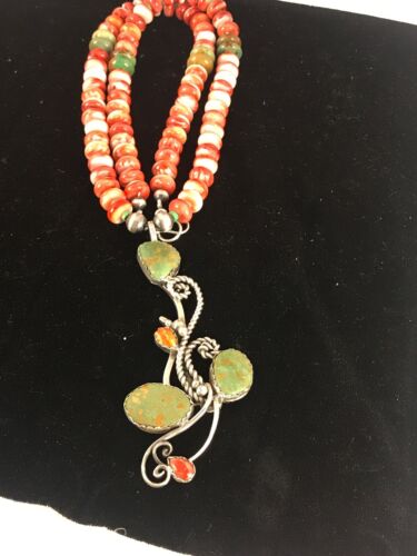 Navajo Green Turquoise & Spiny Oyster Pendant Necklace | Authentic Native American Sterling Silver | Multi-Stone | 8486