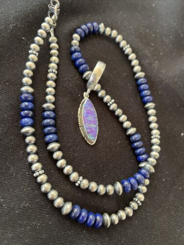 Navajo Purple Opal Pendant Lapis Necklace | Sterling Silver | Authentic Native American Handmade | 1305