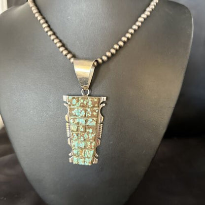Authentic Native American Navajo Blue Turquoise Necklace Pendant | Sterling Silver | 8" | 14462