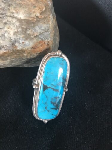 Navajo Blue Turquoise Ring | Sterling Silver | Adjustable | Authentic Native American Handmade | 10180