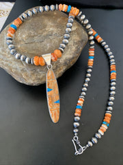 Navajo Pearls Sterling Silver Necklace with Orange Spiny Oyster & Opal Pendant | Authentic Native American | 11384