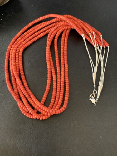 Navajo Red Coral 5-Strand Sterling Silver Turquoise Bead Necklace 22" | Native American Jewelry 12622