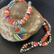 Navajo Multi-Color Spiny Turquoise Inlay Pendant Necklace | Sterling Silver | Authentic Native American Handmade | 12720