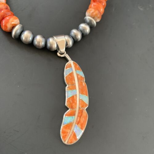 Navajo Pearls Sterling Silver Necklace | Orange Spiny Oyster Inlay Pendant | Authentic Native American Handmade | 11316